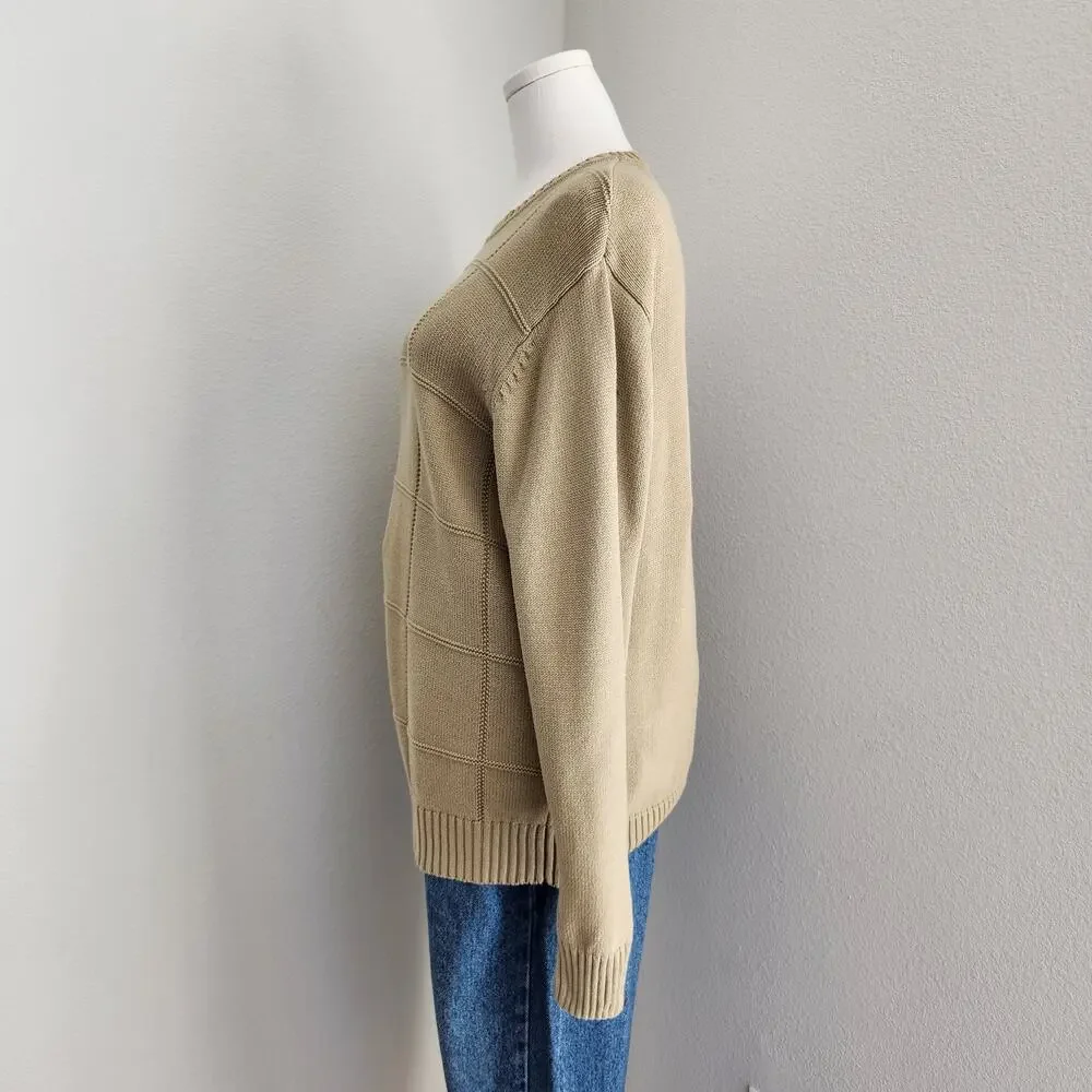 Vintage Geoffrey Beene Tan Grid Knit Crewneck Sweater Grandpacore Long Sleeve M - Picture 8 of 13